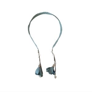 Korean Accessory - Floral & Faux Pearl Beaded Blue Long Bow Tie Headband